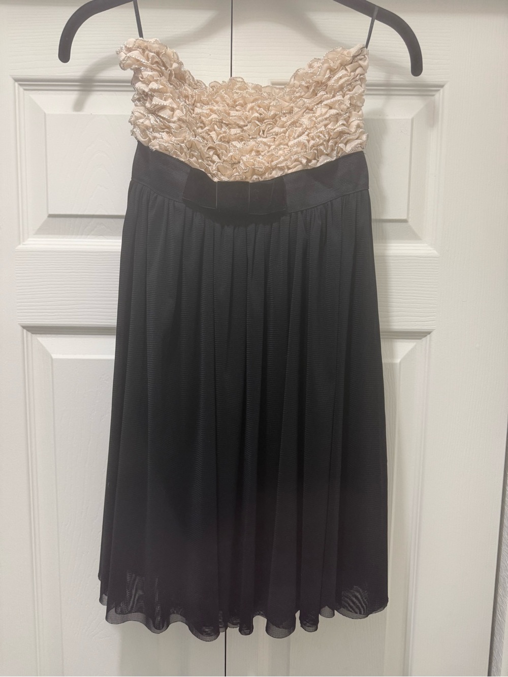 Two-Tone Black and Champagne Pleated Midi Dress, Size Small